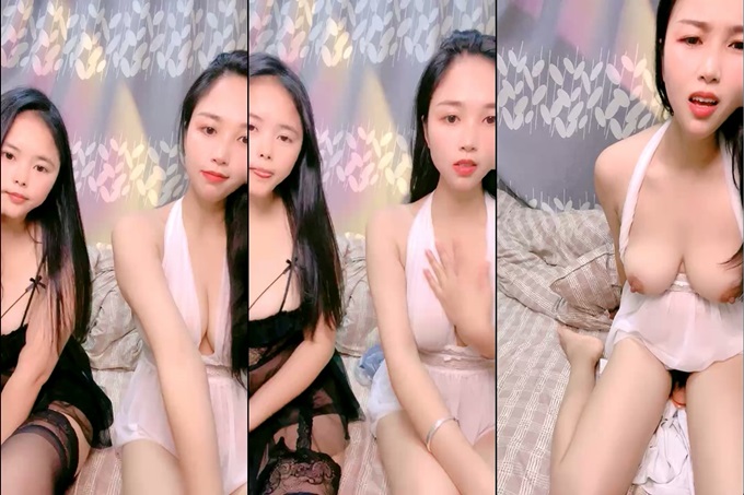 酒窝甜美小姐姐！和闺蜜一起诱惑！性感白裙睡衣，掏出大奶揉捏，多毛骚穴假屌后入猛捅